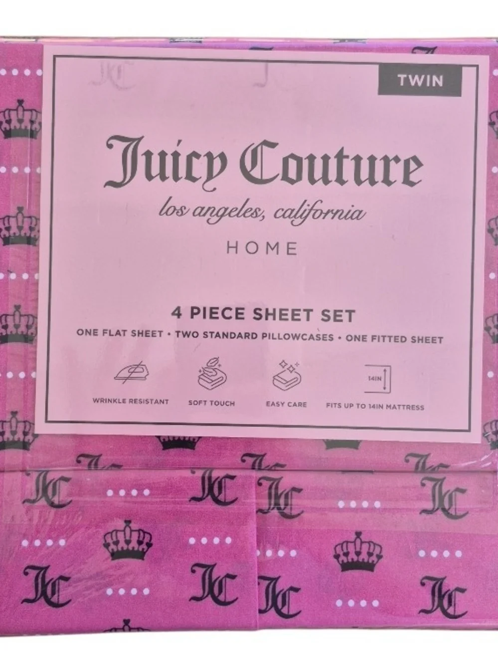NWT Juicy Couture Twin Sheet Set Pink Gothic JC Logo Crown Tiara 4 PC